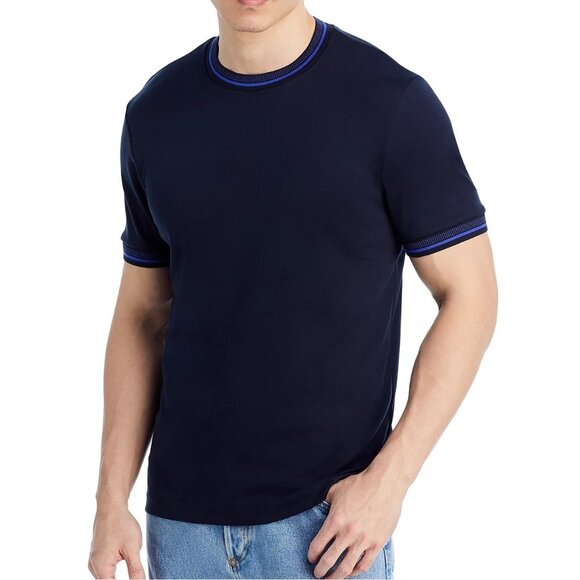 Hugo Boss Men's Short Sleeve BOSS Tessler Tipped Slim Fit Tee Shirt Dark Blue - Picture 1 of 3
